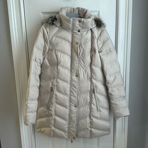 Kenneth Cole Long Puffer Coat Fur Hood and Gold Accents - Like New
